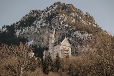 a castle on top of a mountain surrounded by trees