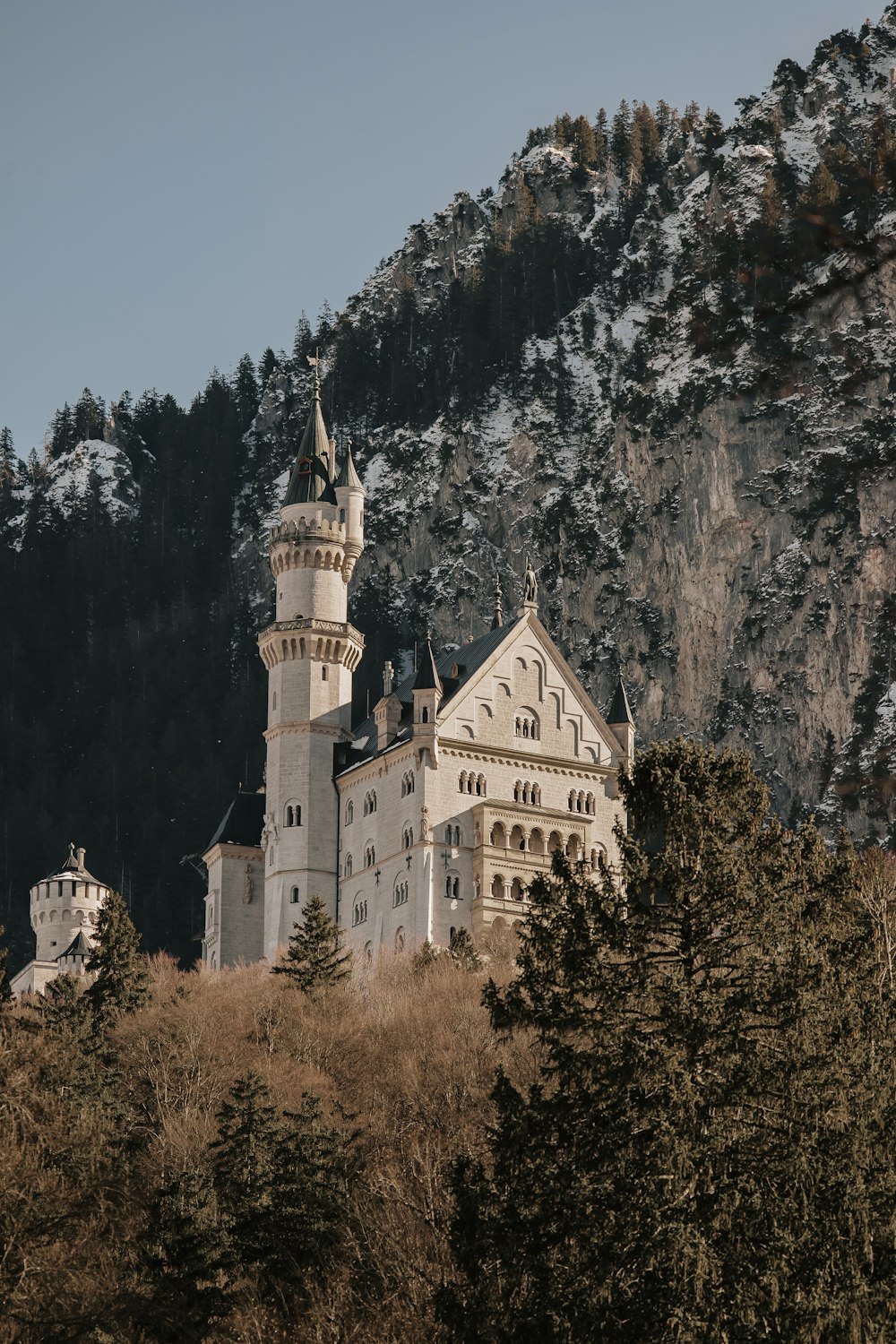 a large white castle sitting in the middle of a forest