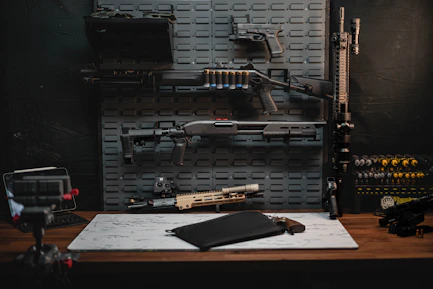 a table with a gun, rifle, and other items on it