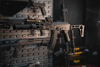 a rifle mounted to a wall in a room