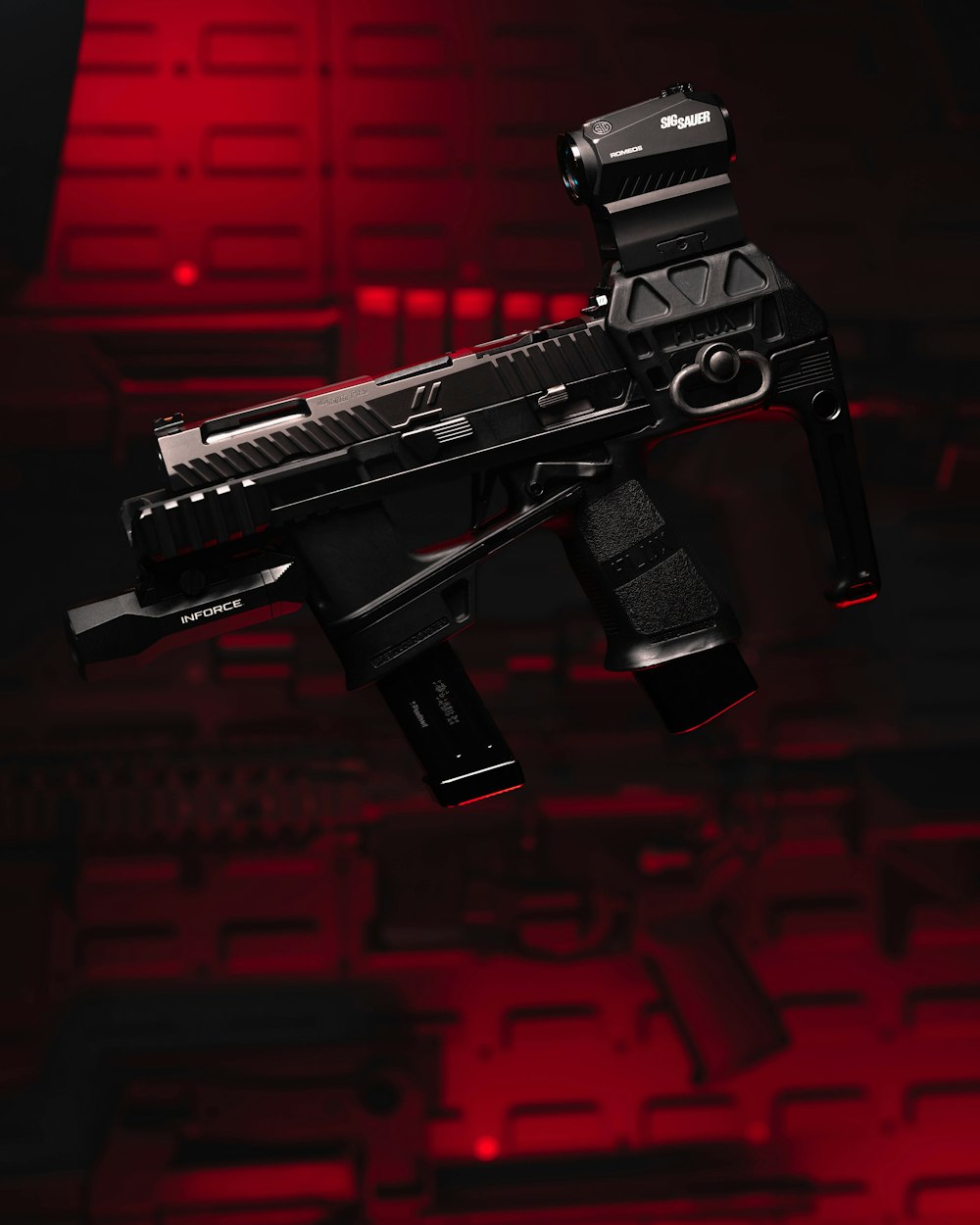 a close up of a gun with a red light in the background