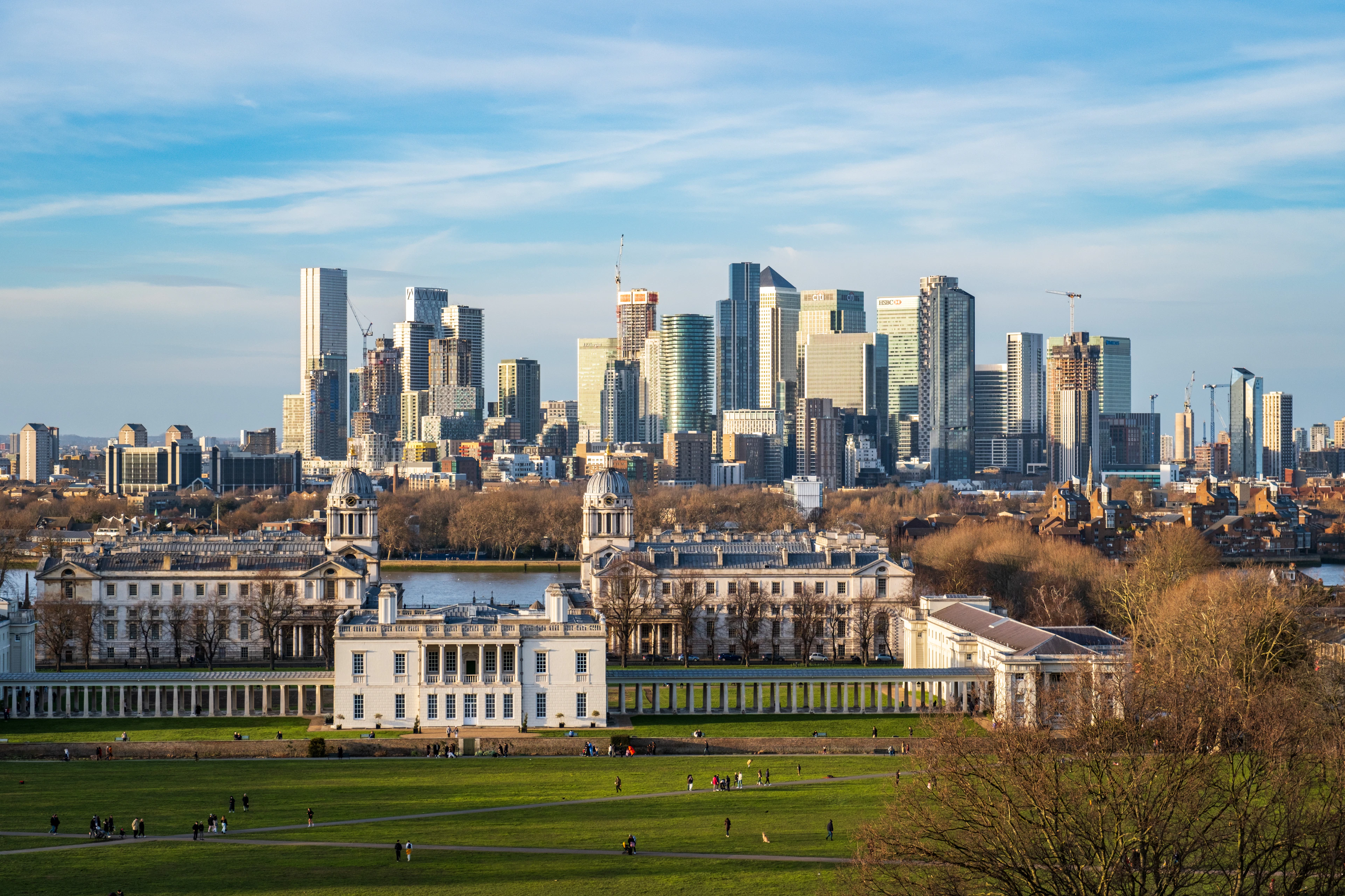 View from Greenwich Park over the Queen's House to the Canary Wharf skyline