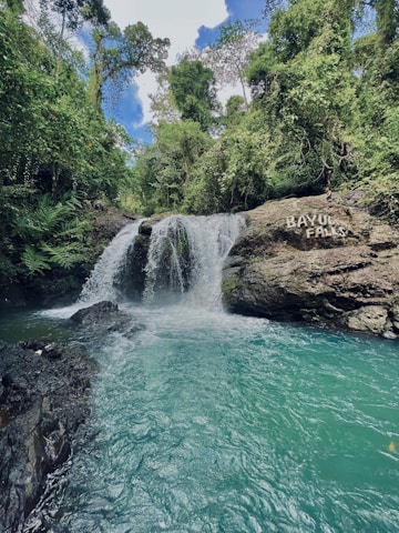 A serene waterfall cascades into a turquoise pool surrounded by lush, green foliage. The waterfall, known as Bayug Falls, is nestled in a dense forest with large rocks framing the scene. The sky is partly cloudy, creating a tranquil and inviting atmosphere.