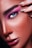 A close-up of a person's face featuring detailed eye makeup with bright pink eyeshadow. The eye is blue, and the eyebrows are dark and well-defined. The skin has visible freckles and a glossy finish. A hand with fingernails decorated with black designs is gently touching the eye area.