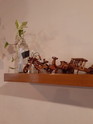 A wooden shelf displays decorative wooden models, including a motorcycle and an airplane, alongside a glass bottle with a leafy plant. The models are crafted intricately, showcasing fine details, and the glass bottle contrasts with the natural texture of the wooden objects. The background is a plain beige wall that highlights the items on the shelf.