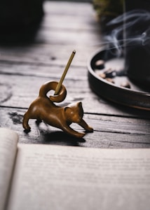A wooden cat-shaped incense holder is on a rustic wooden table. Smoke gently rises from the incense stick placed on the holder. In the background, there is a bowl with pebbles and more smoky incense. An open book lies in the foreground, partially blurred, suggesting a calm and serene setting.