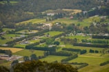 Aerial view of a lush, rural landscape with green fields and patches of trees. Various houses and farm buildings are scattered throughout the area, with roads connecting different sections. The landscape is divided into well-defined parcels of land, with a mix of open grass fields and wooded areas. In the distance, a small body of water is visible, surrounded by trees.