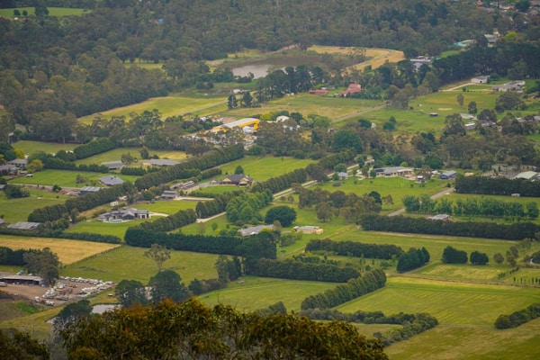 Aerial view of a lush, rural landscape with green fields and patches of trees. Various houses and farm buildings are scattered throughout the area, with roads connecting different sections. The landscape is divided into well-defined parcels of land, with a mix of open grass fields and wooded areas. In the distance, a small body of water is visible, surrounded by trees.