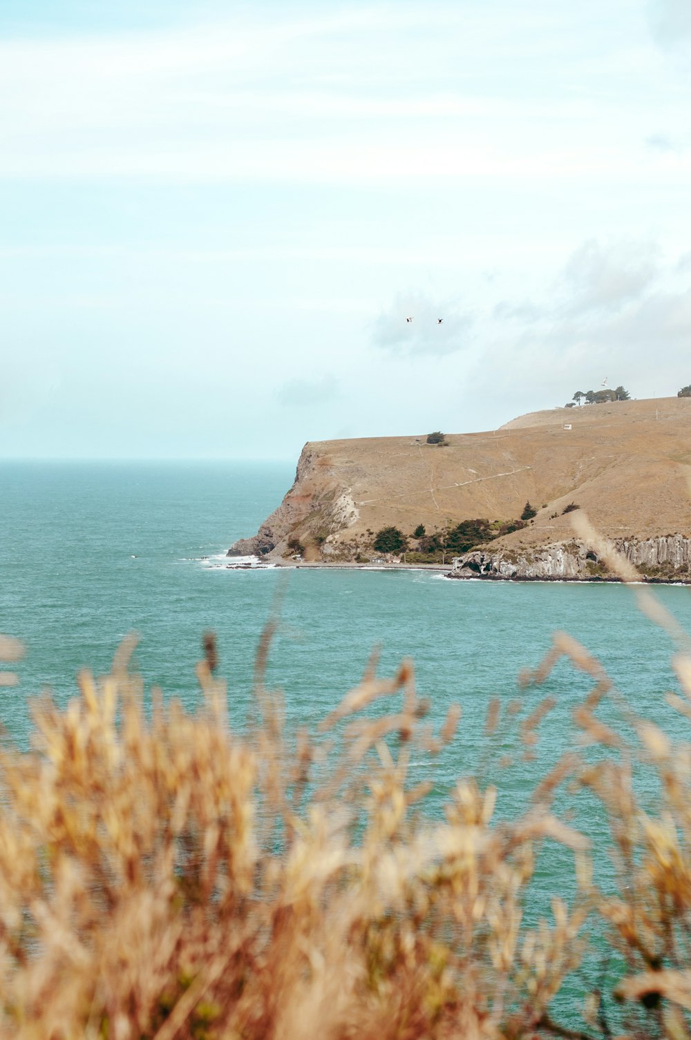 a body of water with a hill in the background