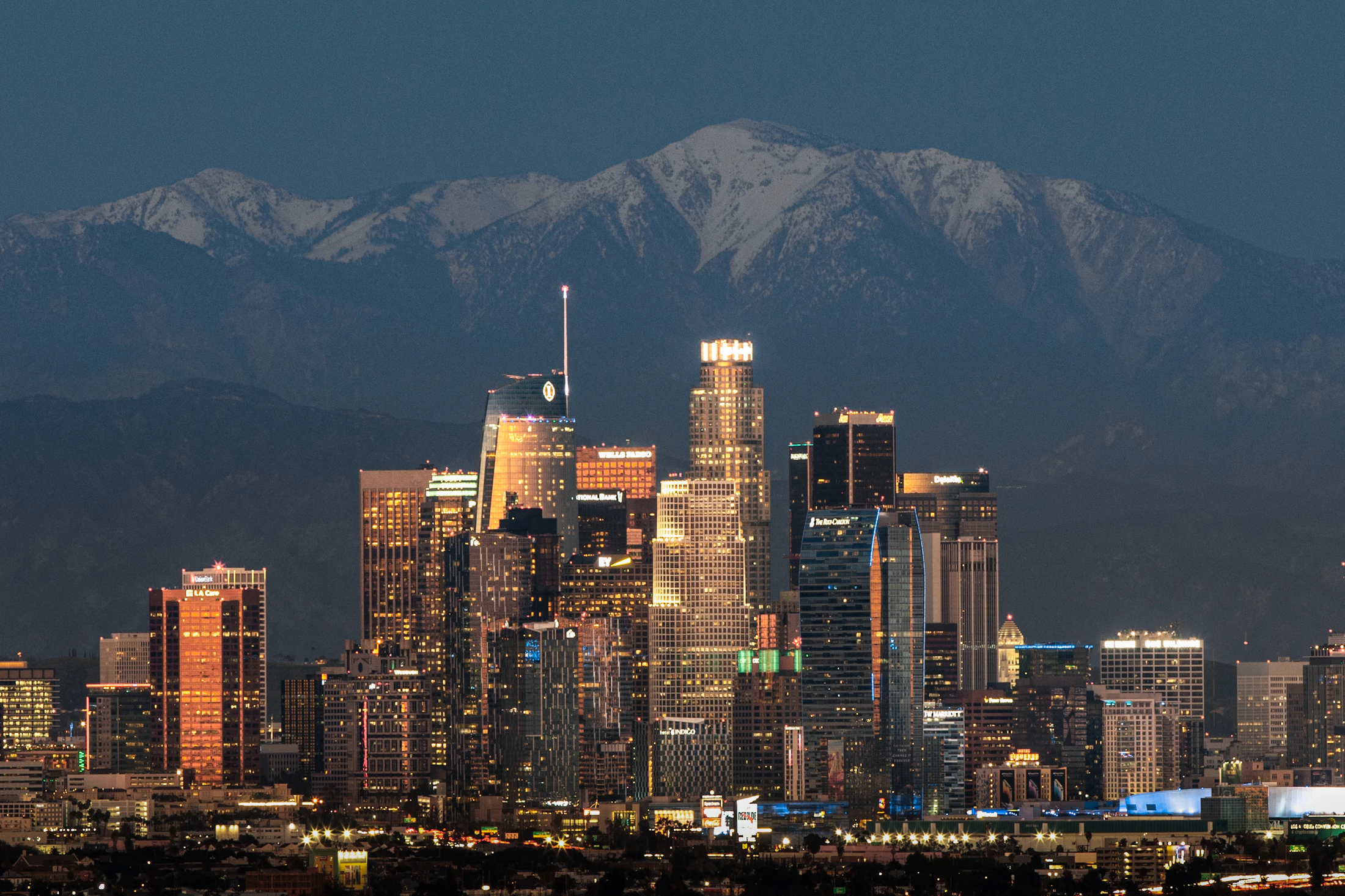 Downtown city skyline lined with high-rise towers