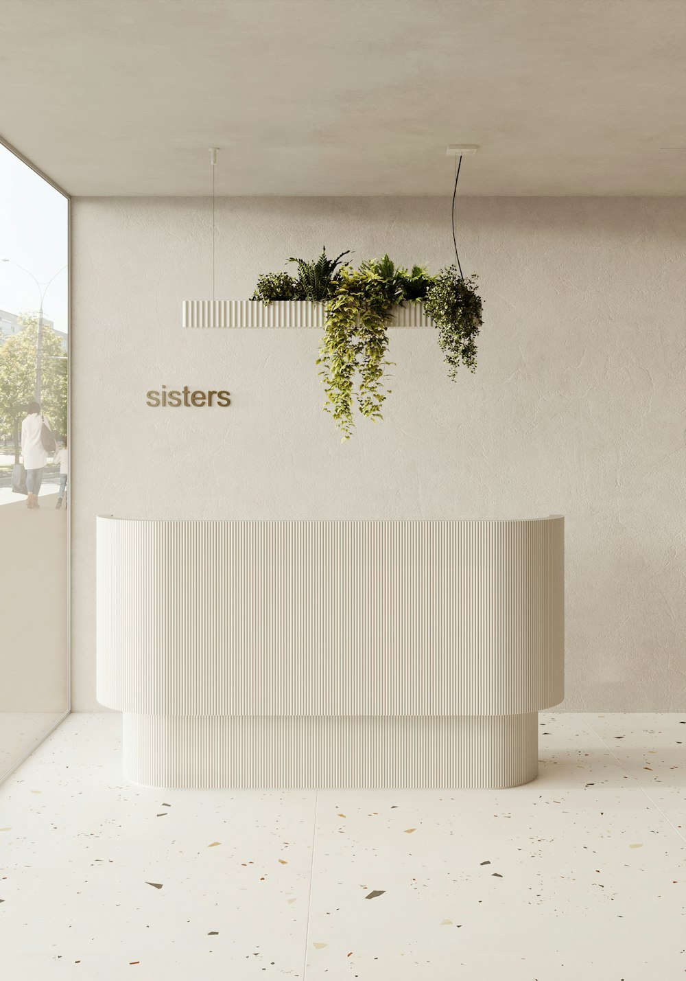 a white reception area with a plant hanging from the ceiling