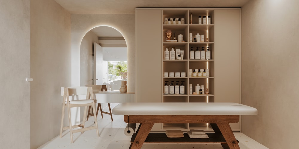 a room with a table, shelves, and chairs in it