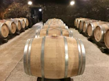 Interior view of a historic brick wine cellar with wooden barrels and dim warm lighting.