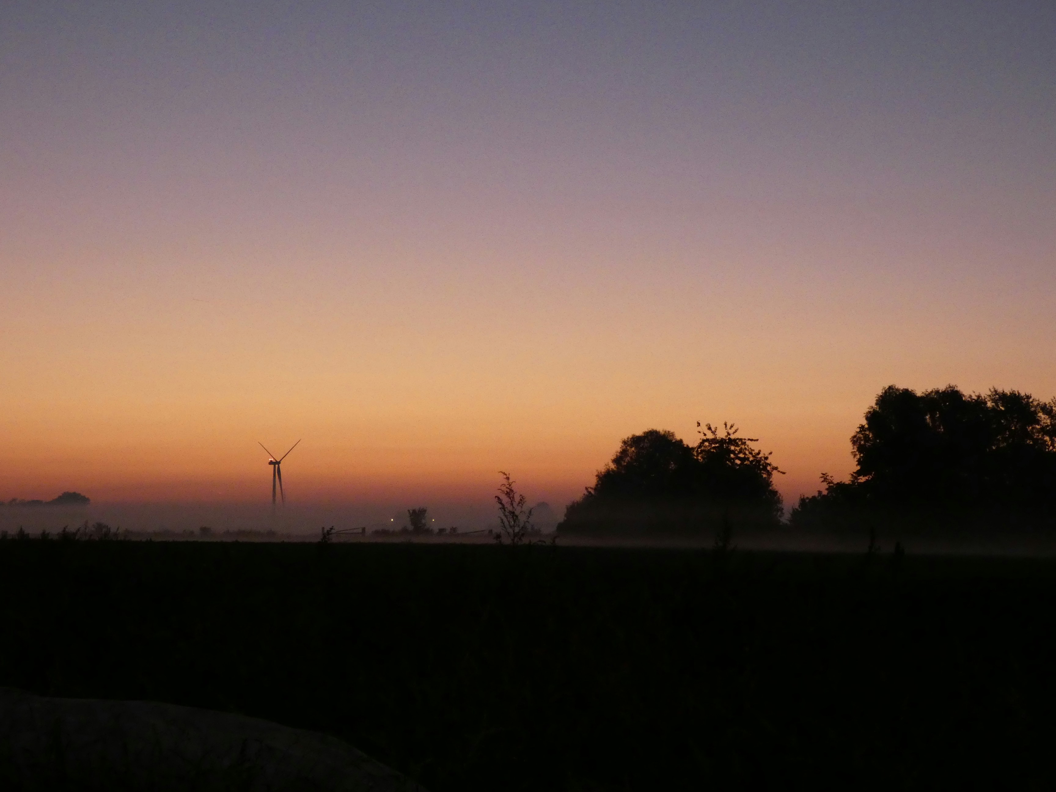 a windmill in the distance with trees in the foreground