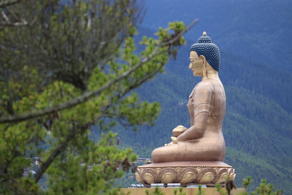 a large buddha statue sitting on top of a wooden platform