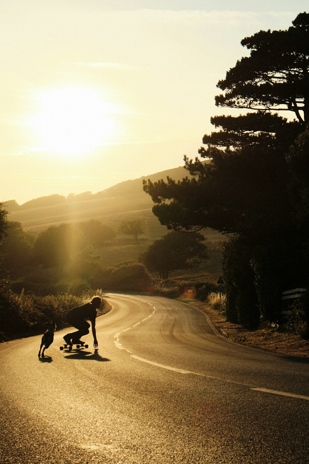 a man riding a skateboard down a street next to a dog