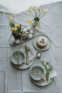 A beautifully set table for an elegant Easter brunch.