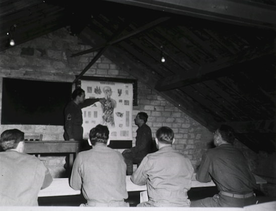 A group of municipal guards studying together in a cozy, navy blue and gold accented room.