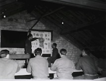A group of men in military uniforms are gathered in a rustic attic-like room, where they seem to be engaged in a lesson or lecture. One man stands at the front, pointing at an anatomical chart displayed on the wall, while the others are seated at benches, attentively observing.