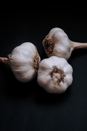 Three whole garlic bulbs are placed against a dark background, highlighting their rough textures and natural colors. The image focuses on the garlic, emphasizing the detailed layers of their papery outer skins and the earthy tones near the stems.