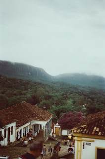 a group of people walking down a street next to a lush green hillside