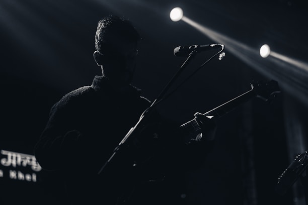 A silhouette of a musician holding an electric guitar, standing under spotlight illumination. The background is dark, with visible beams of light and a microphone positioned near the musician's face.