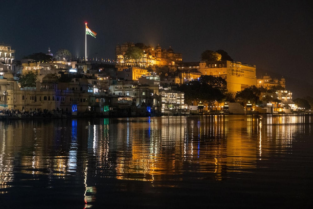 a large body of water with a city in the background