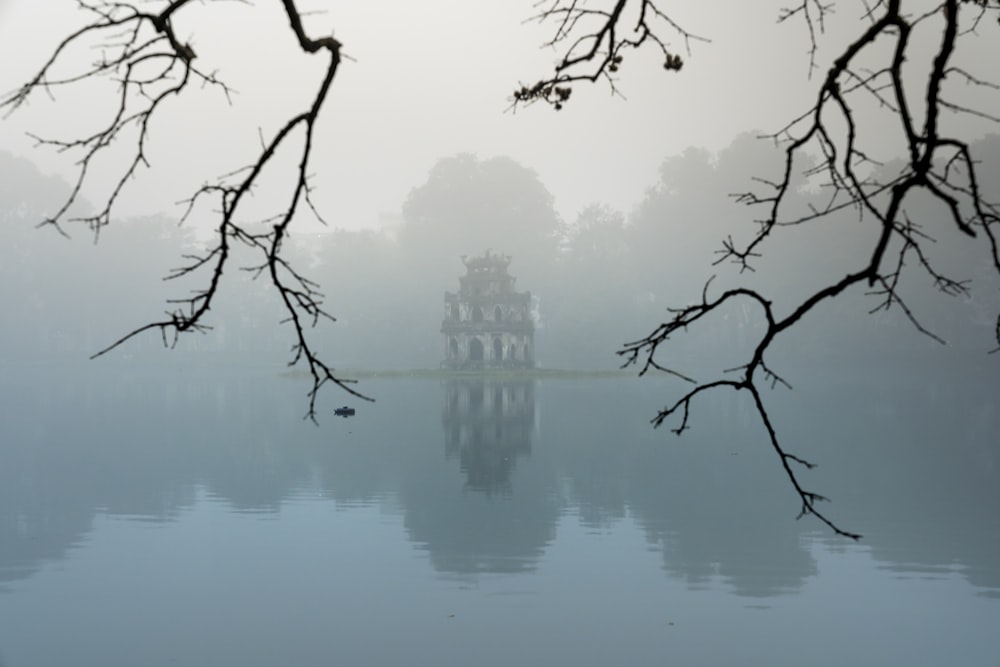 a body of water surrounded by trees and fog