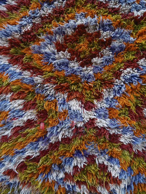 a multicolored rug with a circular design