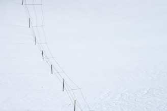 A long fence stretches diagonally across a vast, snow-covered landscape. The fence consists of wooden posts connected by wire.