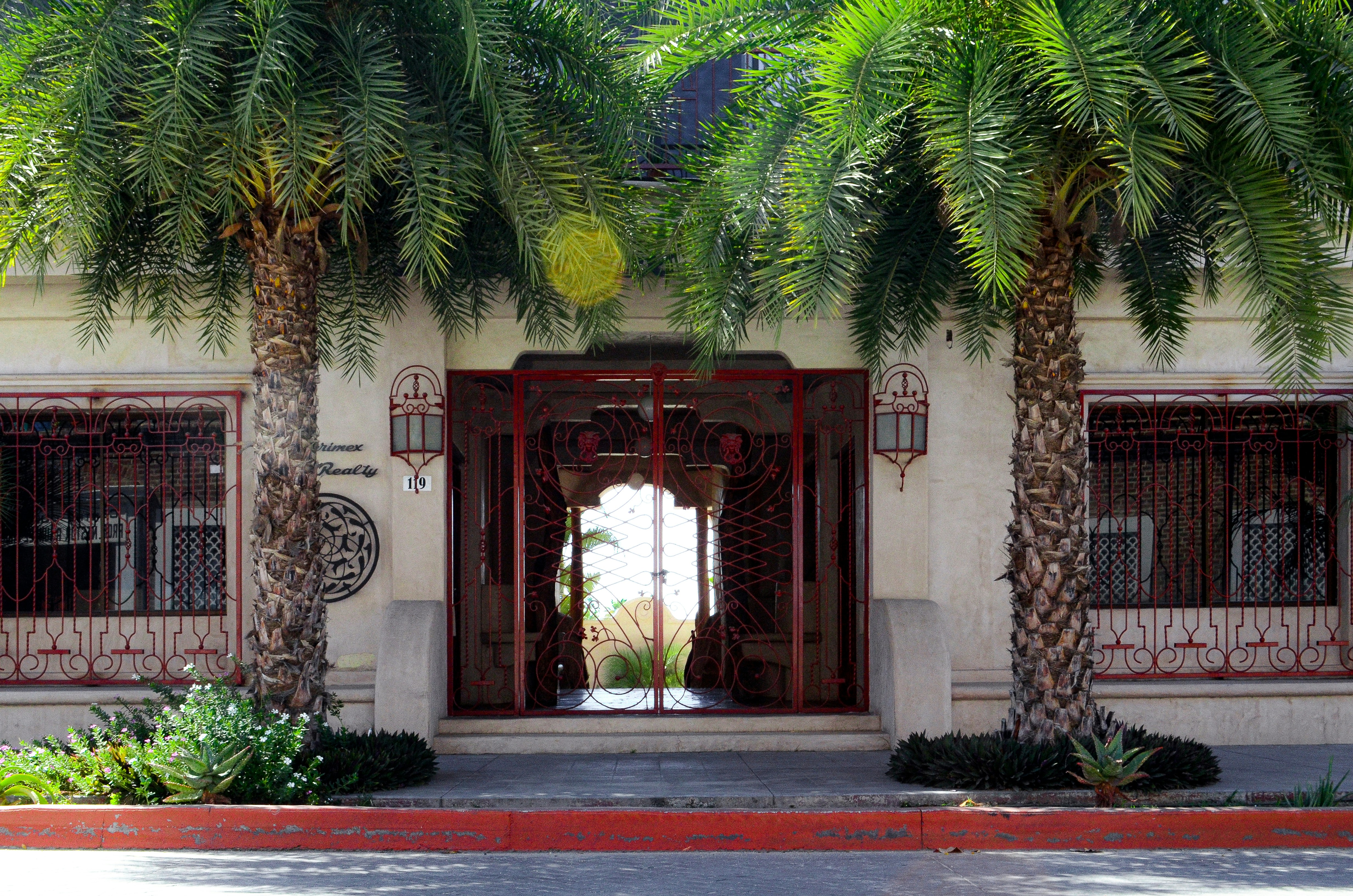 a building with a bunch of palm trees in front of it, 