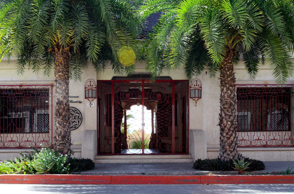 a building with a bunch of palm trees in front of it