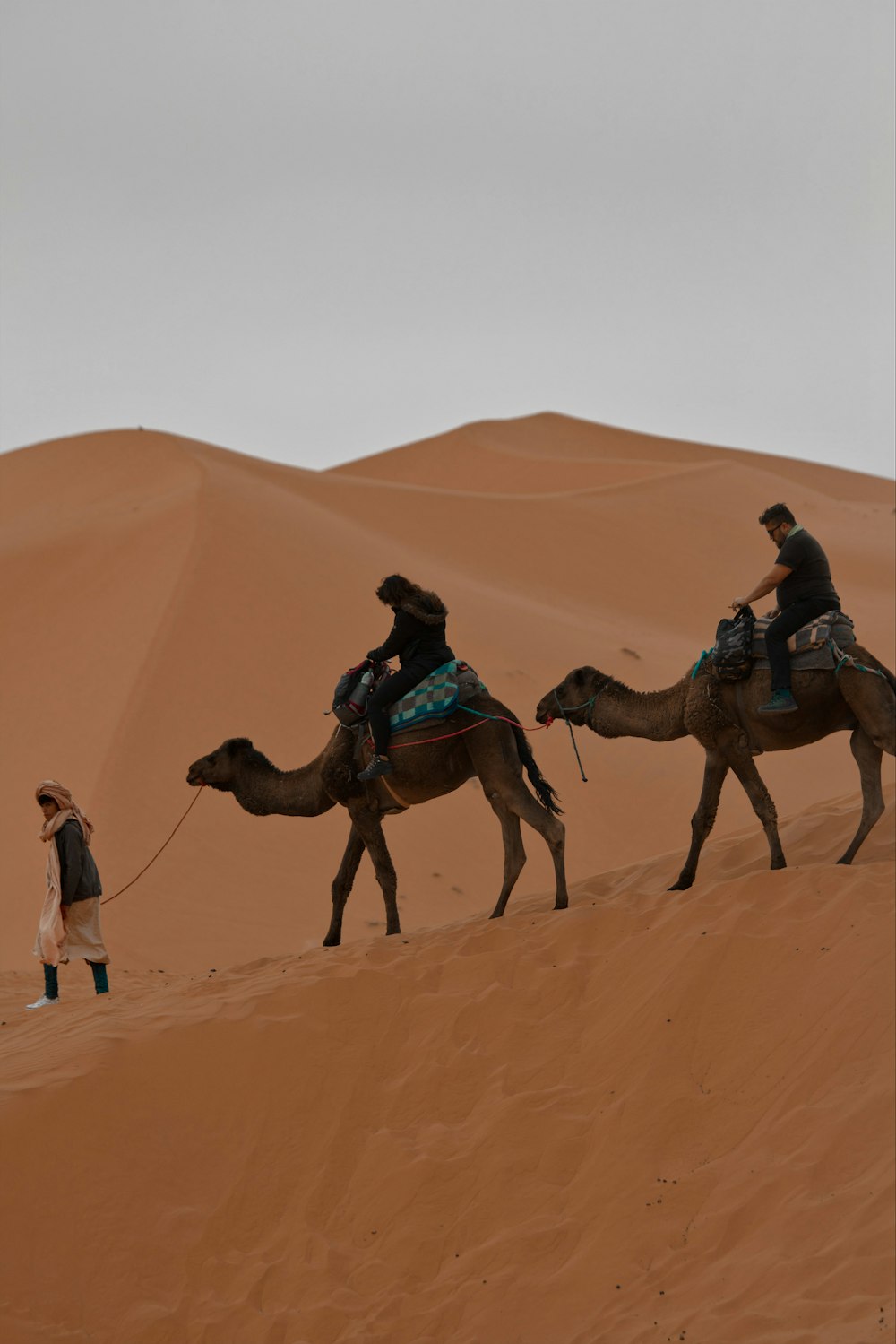three people riding camels in the desert
