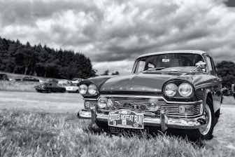 A classic car is parked on a grassy field with a backdrop of trees and a cloudy sky. The car features a vintage design with a gleaming chrome bumper and round headlights. Additional parked vehicles can be seen in the background.