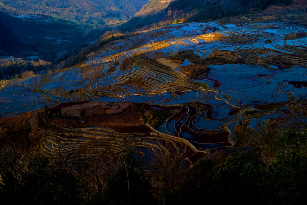 a view of a valley with mountains in the background