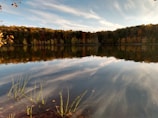 A peaceful lakeside spot with reflections of colorful autumn trees.