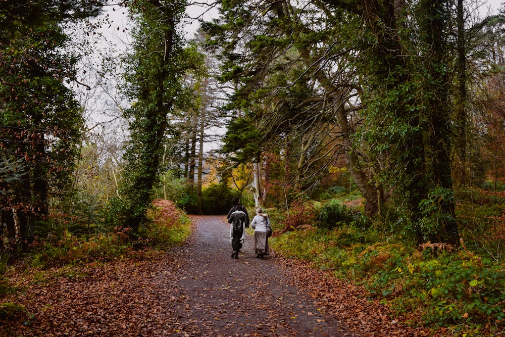 a couple of people walking down a dirt road