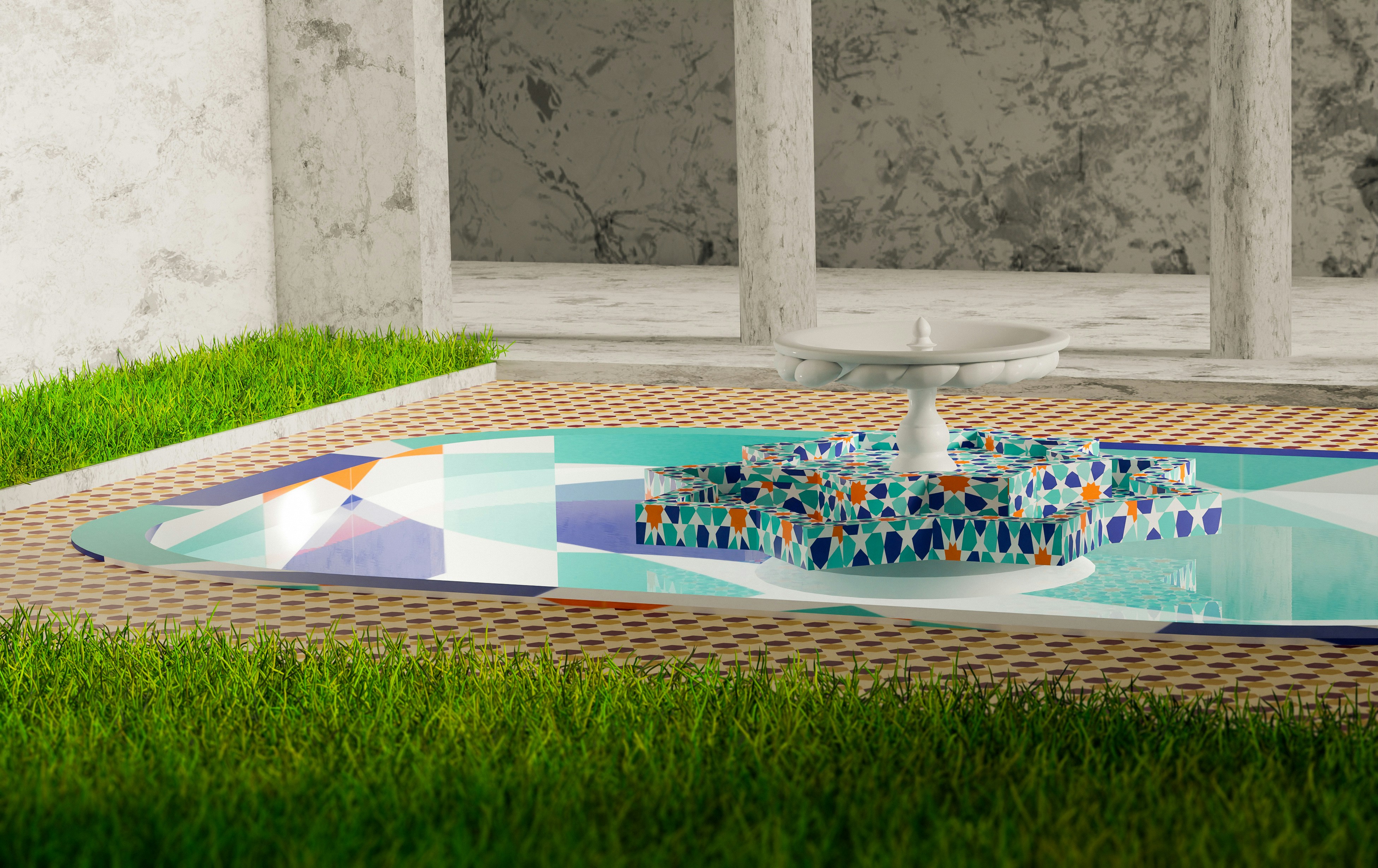 a fountain in the middle of a grassy area, Moroccan zellige fountain 3D Render