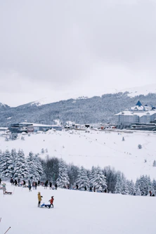 a group of people standing on top of a snow covered slope