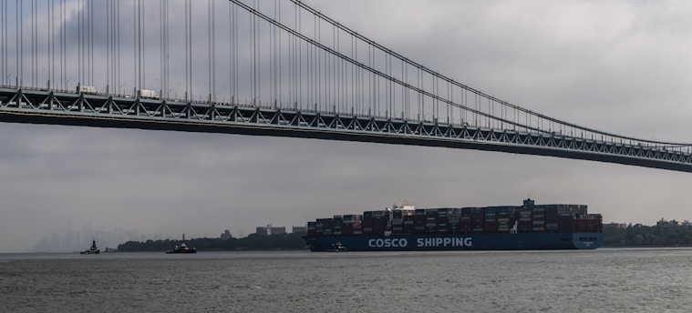 A large cargo ship labeled 'COSCO Shipping' is moving underneath a towering suspension bridge. The sky is overcast, creating a moody atmosphere. In the background, several small boats and a foggy city skyline enhance the scene.