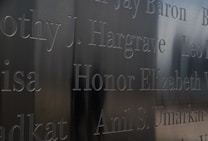 Names are engraved into a reflective metal surface, showing various names in a somber, memorial-like style. The engraving appears deep and is well-crafted, with a muted background reflection.