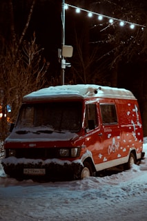 A red van covered in snow is parked against a backdrop of bare trees at night. Warm light from street lamps illuminates the scene, highlighting the snow on the vehicle roof and around the wheels. The van displays decorative white graphics resembling clouds or snowflakes.