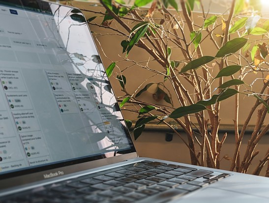 A laptop with a visible MacBook logo is placed on a surface, showing a Kanban-style project management tool on its screen, with natural light reflecting off the screen. In the background, there is a leafy plant with green and some brown leaves, illuminated by sunlight from the right side.
