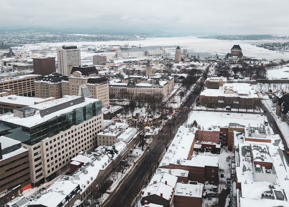 a view of a city in the snow