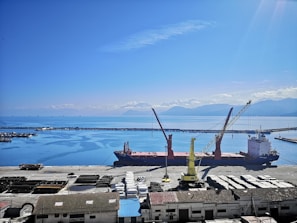 A large cargo ship docked at a port with two cranes positioned over it. The sky is clear and blue with scattered clouds, and the sea is calm. There are mountain ranges visible in the background across the water. Various containers and industrial buildings are present on the dock.