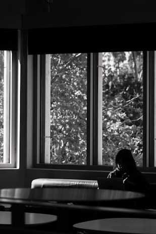 A cozy corner with a person working on a laptop, sunlight streaming through large windows.