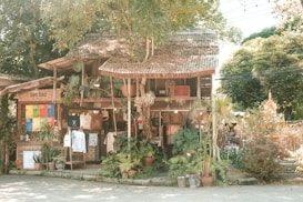 A rustic, two-story shop adorned with various plants and greenery, featuring a corrugated metal roof and wooden structure. The facade displays hanging garments and bags, with colorful fabric swatches on a wall. The surrounding environment is lush and leafy, suggesting a cozy and inviting atmosphere.