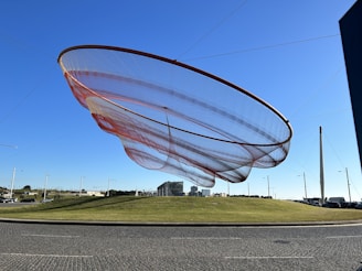 A large, circular net-like structure suspended in the air, supported by multiple cables anchored to the ground. The sculpture appears delicate, with shades of red and white, against a clear blue sky. Below is a grassy hill and a paved road, with street lamps and a few distant buildings visible.