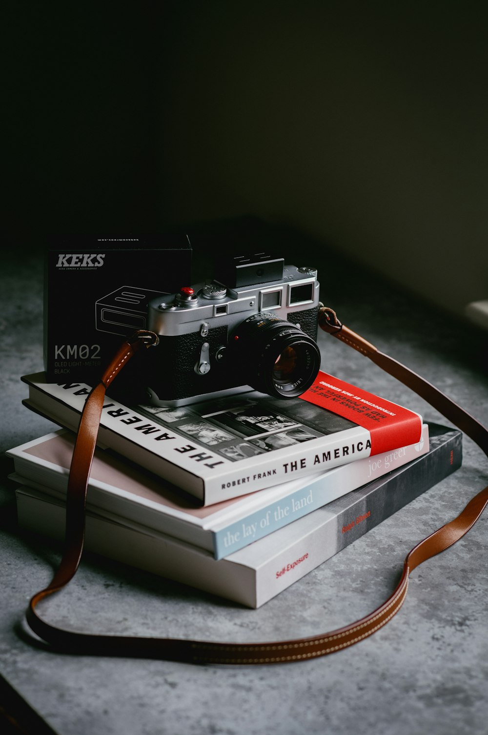 a camera sitting on top of a stack of books