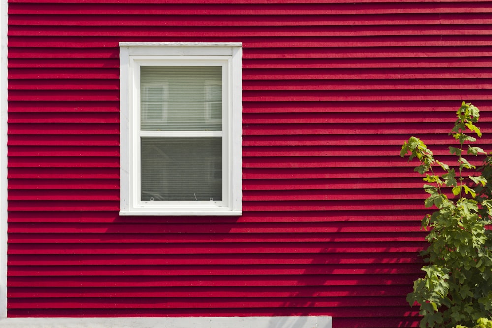a red building with a white window and a tree